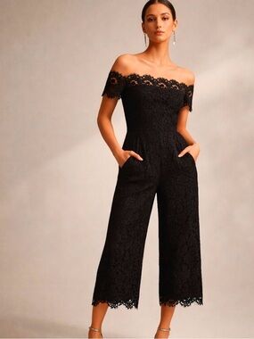 Whistles Off-Shoulder Lace Wide-Leg Jumpsuit Elegant Black Cocktail Sz 8 NWT
